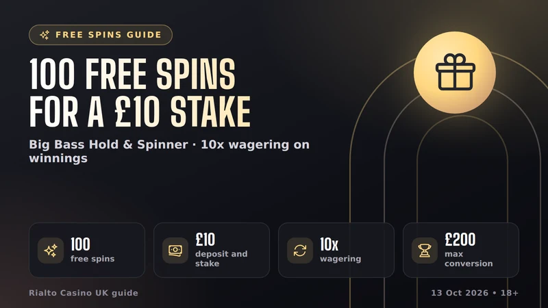 Rialto free spins guide card showing the 100 spins offer and the steps to claim them